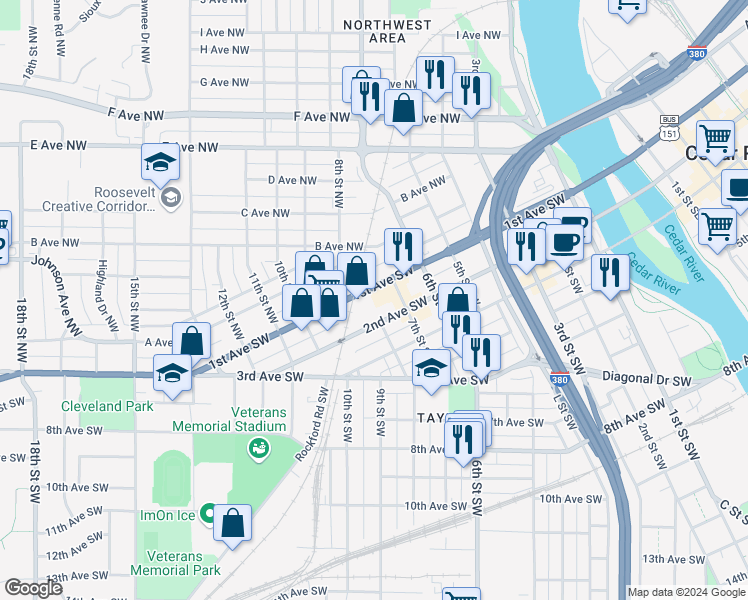map of restaurants, bars, coffee shops, grocery stores, and more near 725 1st Avenue Southwest in Cedar Rapids