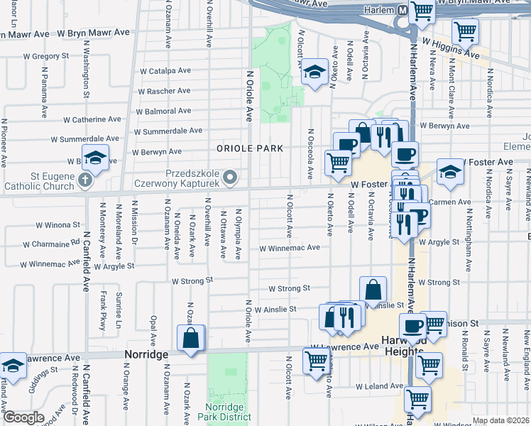 map of restaurants, bars, coffee shops, grocery stores, and more near 7529 West Winona Street in Harwood Heights