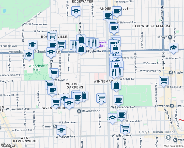 map of restaurants, bars, coffee shops, grocery stores, and more near 5015 North Hermitage Avenue in Chicago