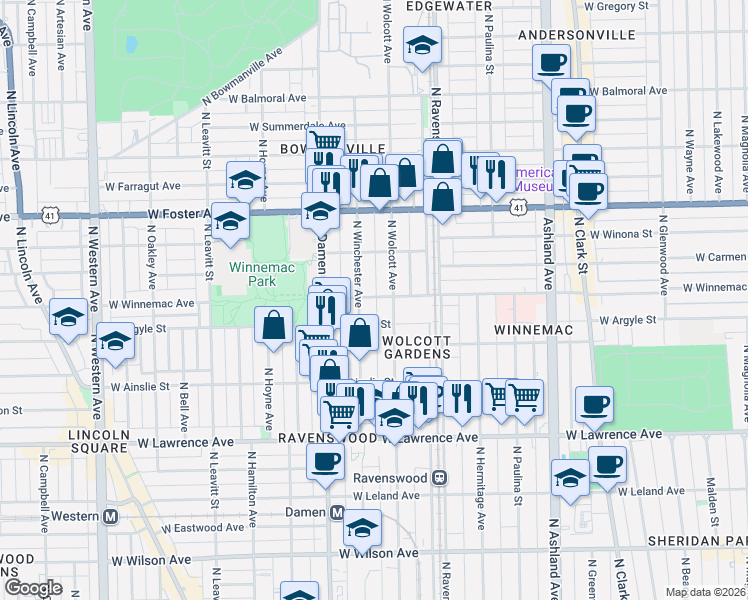 map of restaurants, bars, coffee shops, grocery stores, and more near 5014 North Wolcott Avenue in Chicago