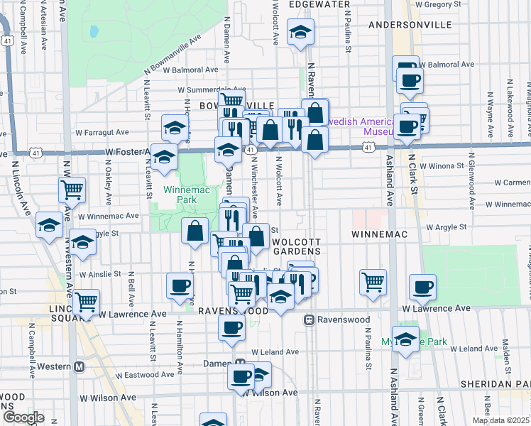 map of restaurants, bars, coffee shops, grocery stores, and more near 5014 North Wolcott Avenue in Chicago