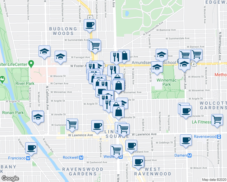 map of restaurants, bars, coffee shops, grocery stores, and more near 2423 West Winnemac Avenue in Chicago