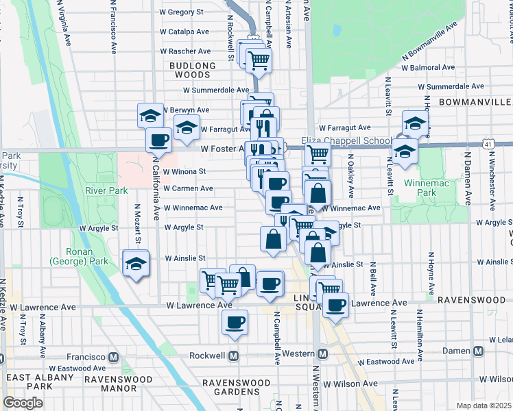 map of restaurants, bars, coffee shops, grocery stores, and more near 2540 West Winnemac Avenue in Chicago