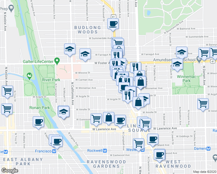 map of restaurants, bars, coffee shops, grocery stores, and more near 2540 West Winnemac Avenue in Chicago