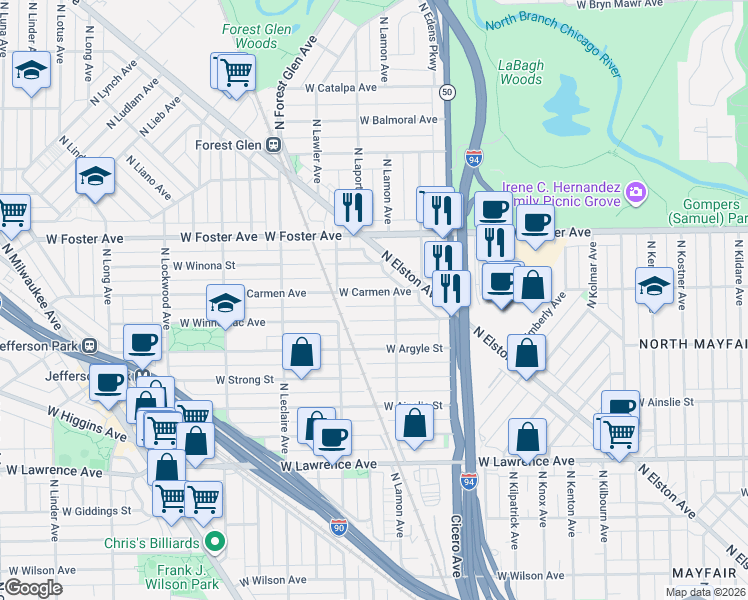 map of restaurants, bars, coffee shops, grocery stores, and more near 4926 West Winnemac Avenue in Chicago