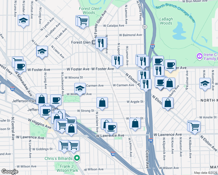 map of restaurants, bars, coffee shops, grocery stores, and more near 5001 West Carmen Avenue in Chicago