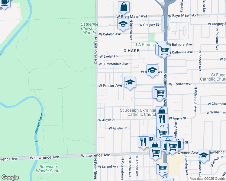 map of restaurants, bars, coffee shops, grocery stores, and more near 8701 West Foster Avenue in Chicago