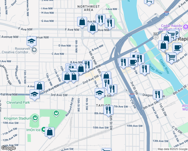 map of restaurants, bars, coffee shops, grocery stores, and more near in Cedar Rapids