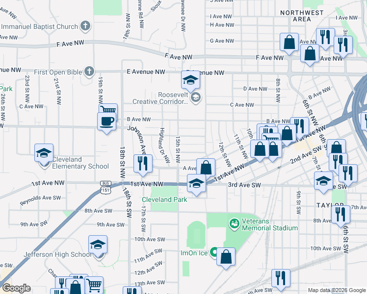 map of restaurants, bars, coffee shops, grocery stores, and more near 236-240 15th Street Northwest in Cedar Rapids
