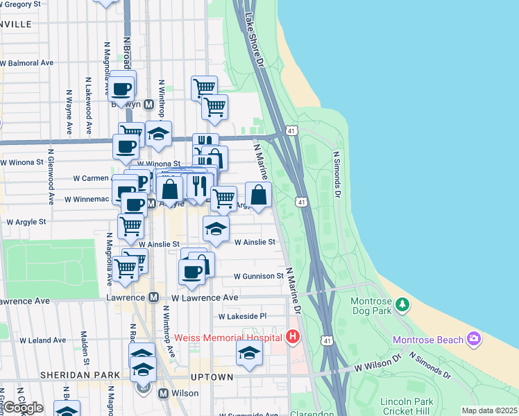 map of restaurants, bars, coffee shops, grocery stores, and more near 901 West Argyle Street in Chicago