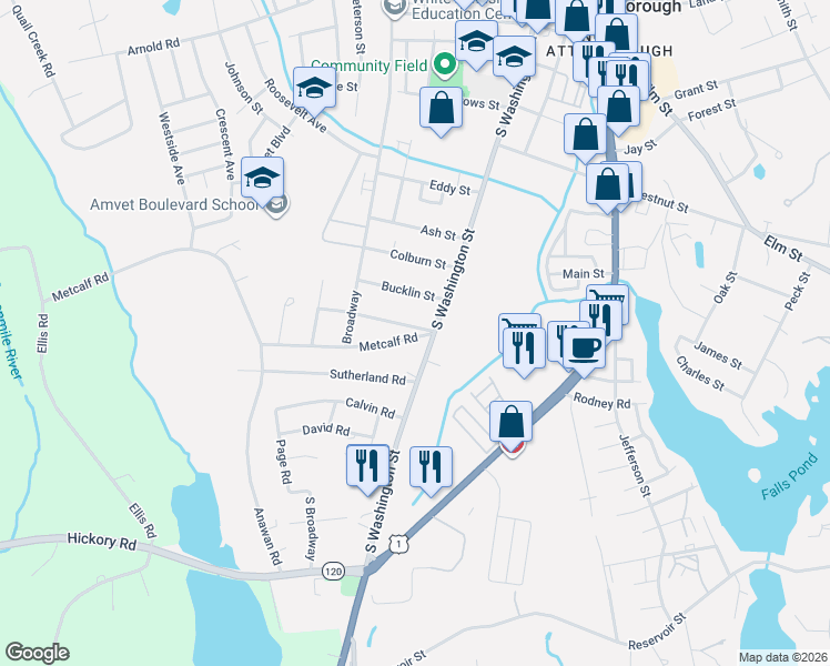 map of restaurants, bars, coffee shops, grocery stores, and more near 2 Hunting Street in North Attleborough