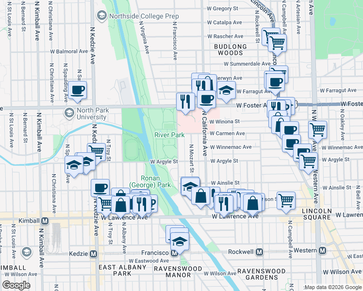 map of restaurants, bars, coffee shops, grocery stores, and more near 5028 North Mozart Street in Chicago