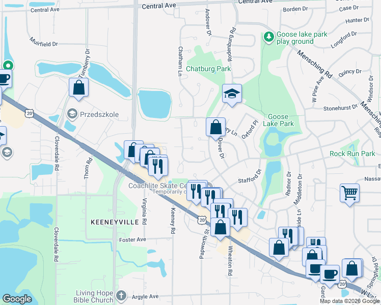 map of restaurants, bars, coffee shops, grocery stores, and more near 1370 Northampton Lane in Roselle