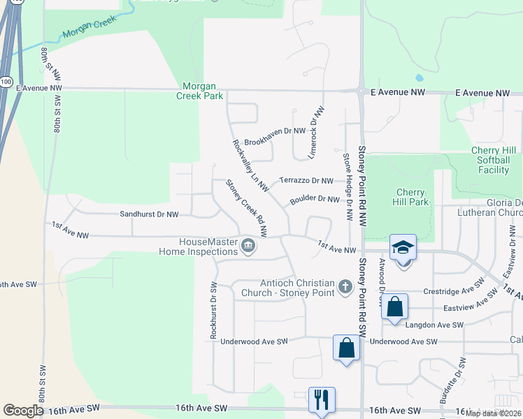 map of restaurants, bars, coffee shops, grocery stores, and more near 209 Stoney Creek Road Northwest in Cedar Rapids