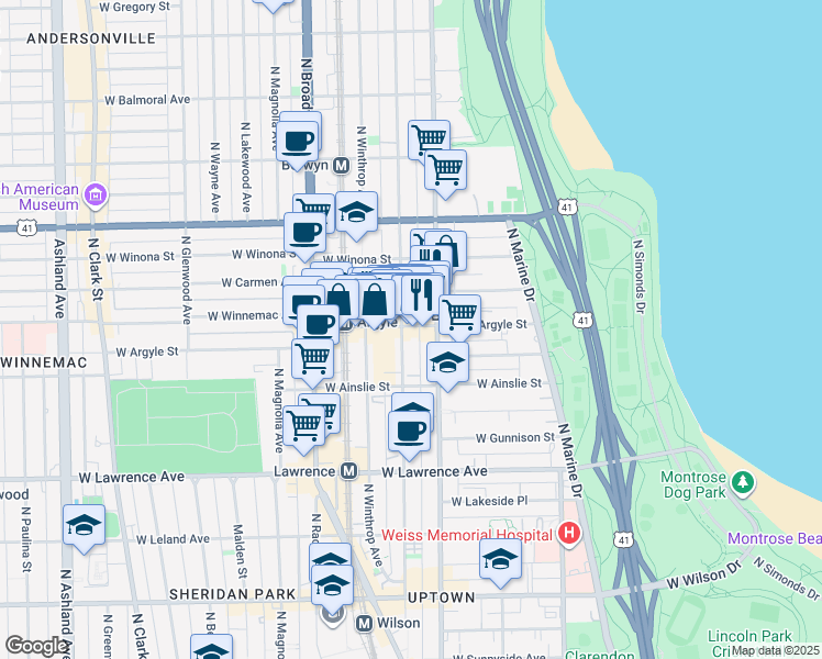 map of restaurants, bars, coffee shops, grocery stores, and more near 1023 West Argyle Street in Chicago