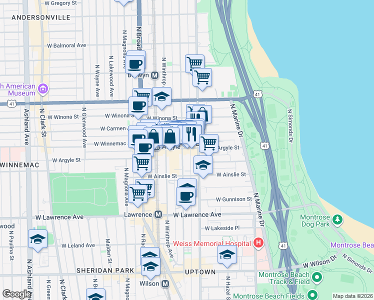 map of restaurants, bars, coffee shops, grocery stores, and more near 1023 West Argyle Street in Chicago