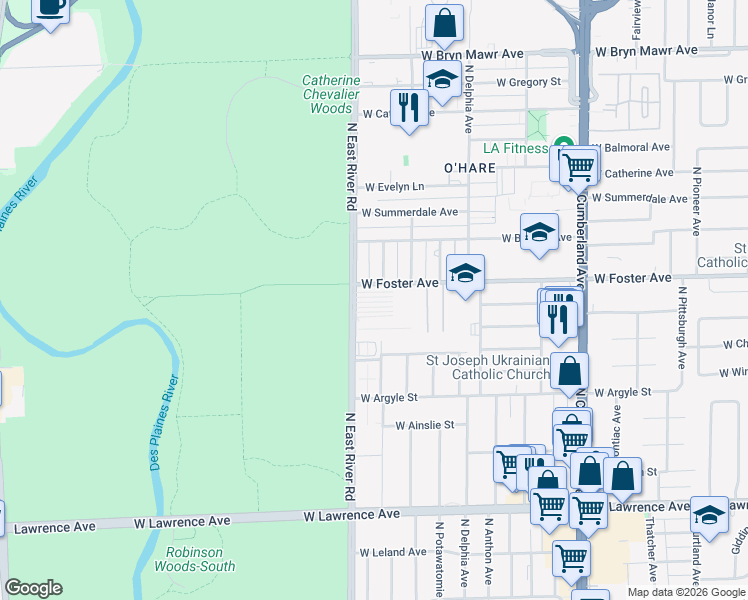 map of restaurants, bars, coffee shops, grocery stores, and more near 5151 North East River Road in Chicago
