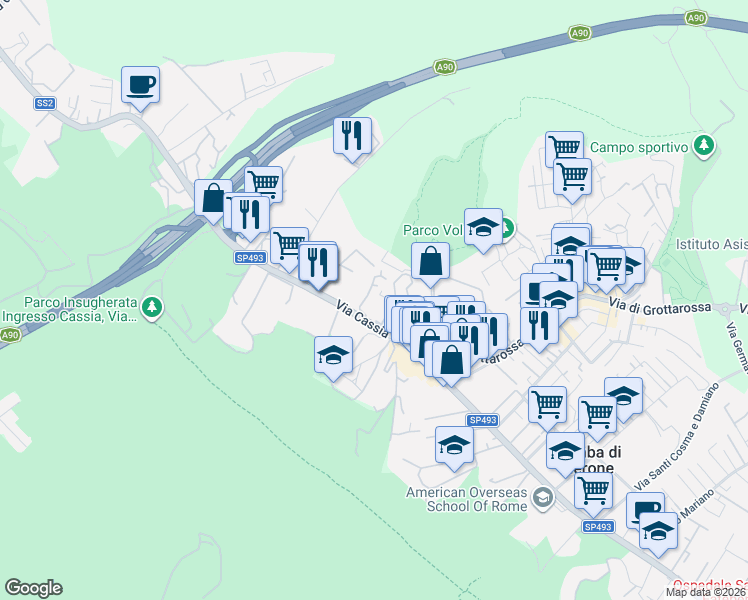 map of restaurants, bars, coffee shops, grocery stores, and more near 964 Via Cassia in Roma