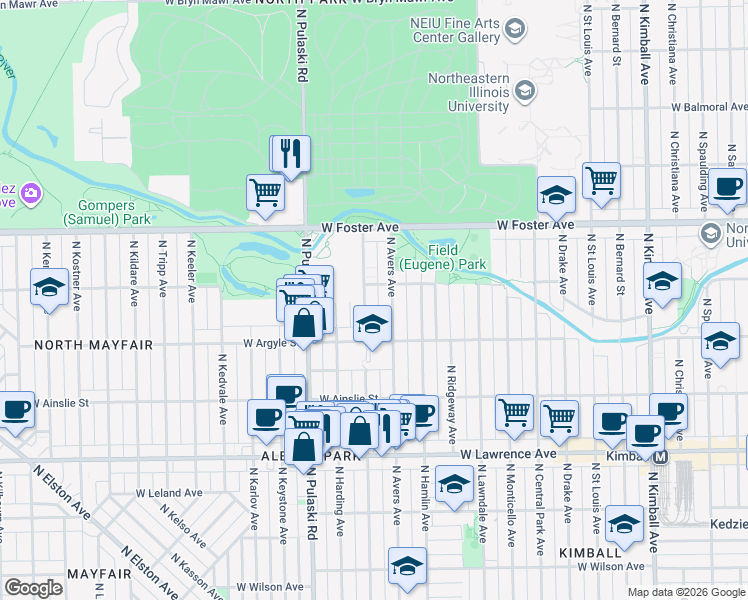map of restaurants, bars, coffee shops, grocery stores, and more near 5034 North Springfield Avenue in Chicago