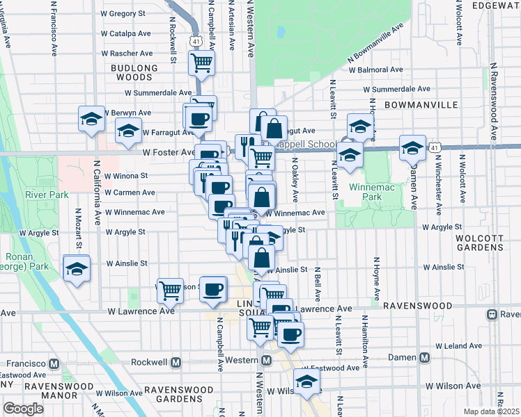 map of restaurants, bars, coffee shops, grocery stores, and more near 2351 West Winnemac Avenue in Chicago