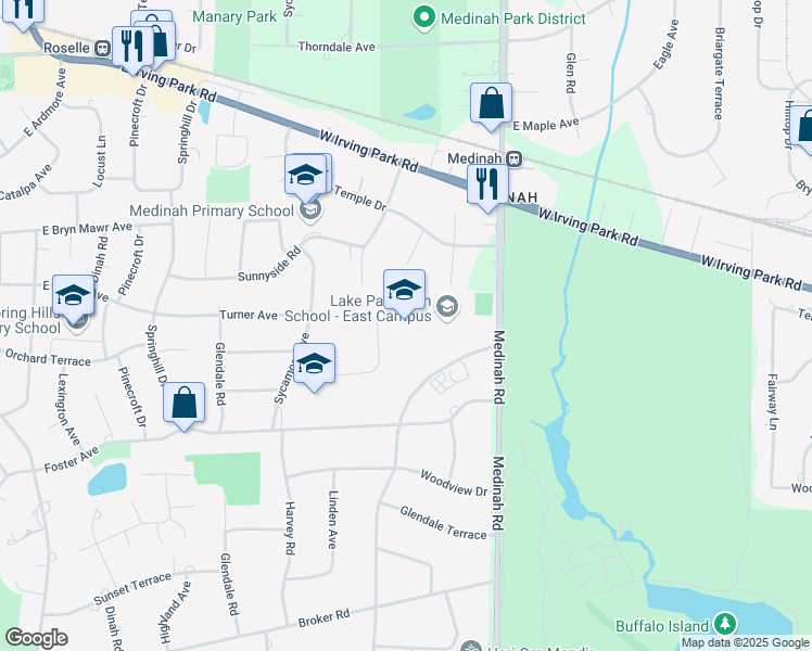 map of restaurants, bars, coffee shops, grocery stores, and more near 6N600 Medinah Road in Medinah