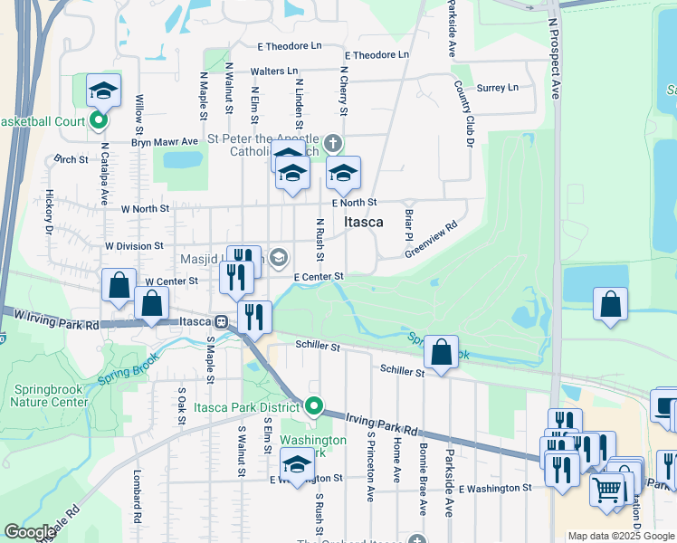 map of restaurants, bars, coffee shops, grocery stores, and more near 300 North Cherry Street in Itasca