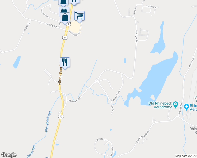 map of restaurants, bars, coffee shops, grocery stores, and more near 123 Metzger Road in Rhinebeck