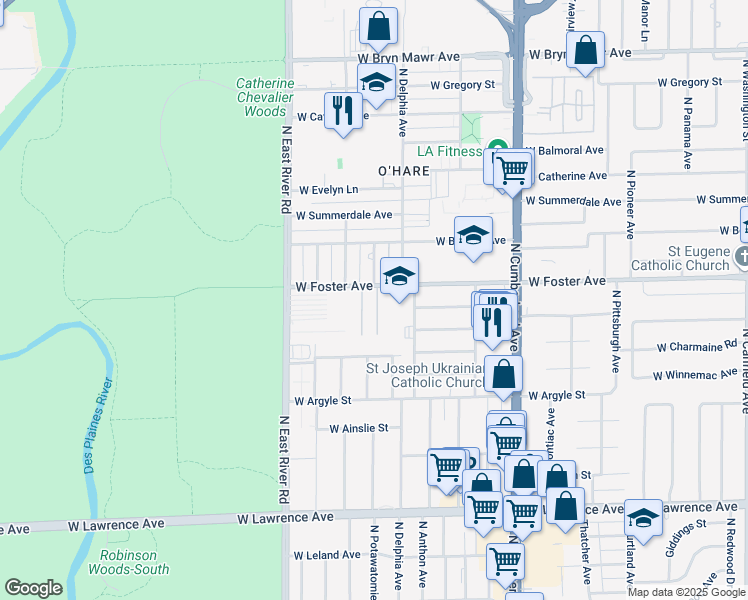 map of restaurants, bars, coffee shops, grocery stores, and more near 8639 West Foster Avenue in Chicago