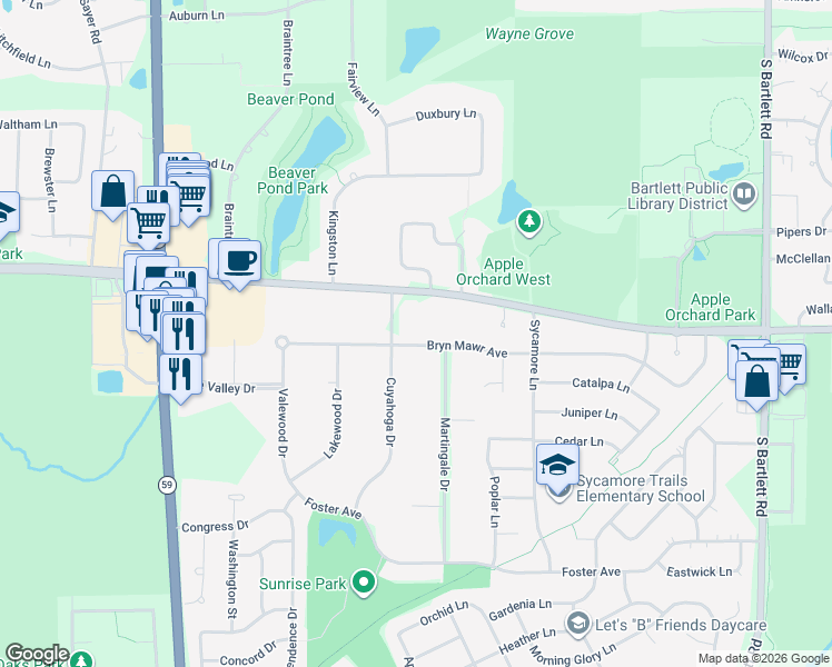 map of restaurants, bars, coffee shops, grocery stores, and more near 834 Bryn Mawr Avenue in Bartlett
