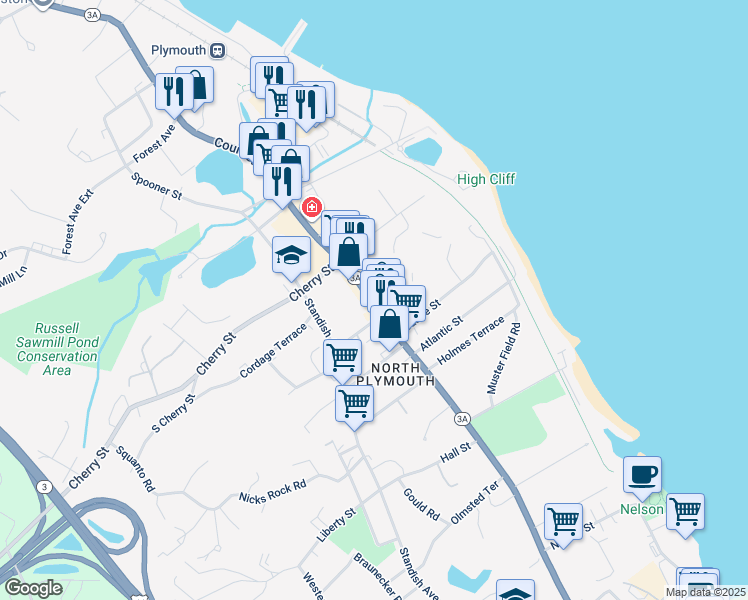 map of restaurants, bars, coffee shops, grocery stores, and more near 5 Suosso Lane in Plymouth