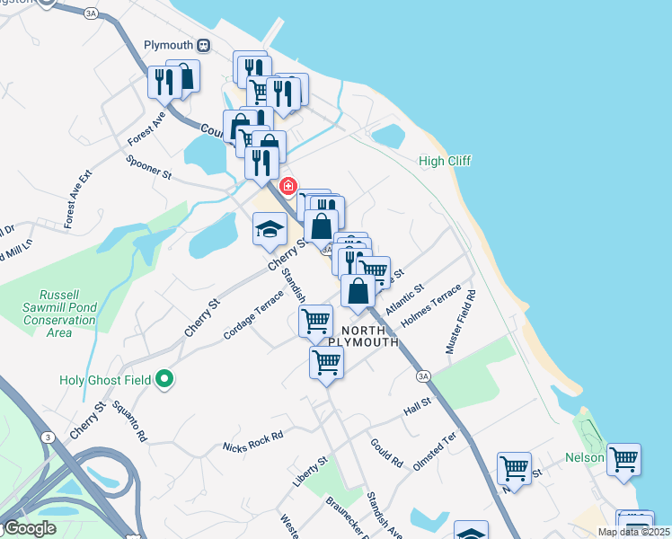 map of restaurants, bars, coffee shops, grocery stores, and more near 306R Court Street in Plymouth