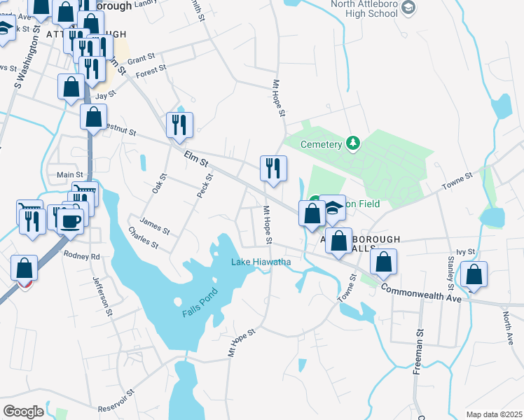map of restaurants, bars, coffee shops, grocery stores, and more near 35 East Bulfinch Street in North Attleborough