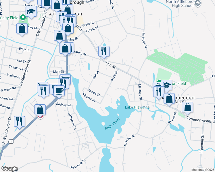 map of restaurants, bars, coffee shops, grocery stores, and more near 61 Peck Street in North Attleborough