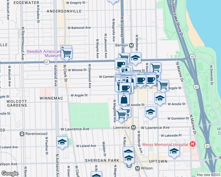 map of restaurants, bars, coffee shops, grocery stores, and more near 1242 West Argyle Street in Chicago