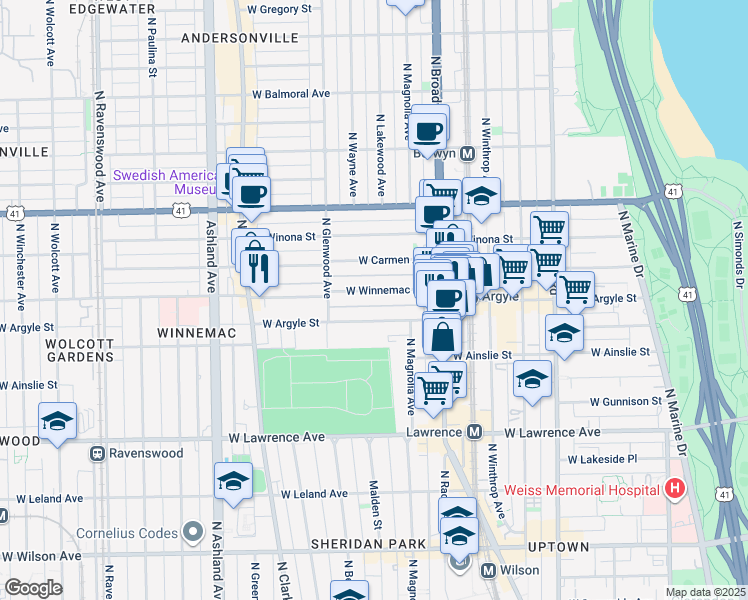 map of restaurants, bars, coffee shops, grocery stores, and more near 1318 West Argyle Street in Chicago