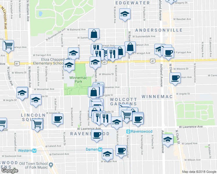 map of restaurants, bars, coffee shops, grocery stores, and more near 5016 North Winchester Avenue in Chicago