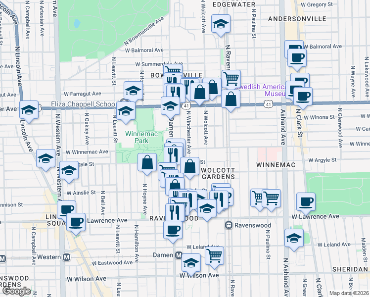 map of restaurants, bars, coffee shops, grocery stores, and more near 5016 North Winchester Avenue in Chicago