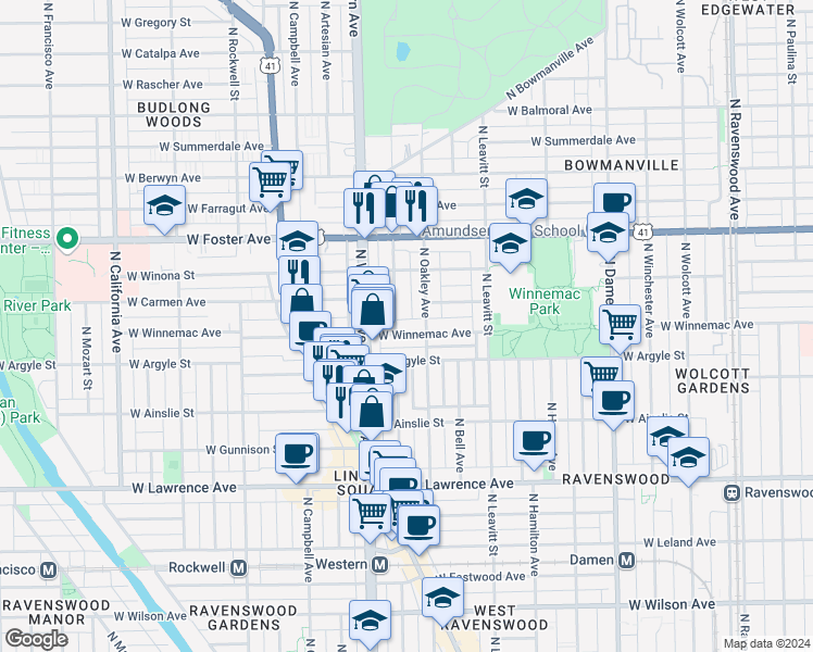 map of restaurants, bars, coffee shops, grocery stores, and more near in Chicago