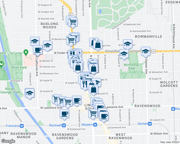 map of restaurants, bars, coffee shops, grocery stores, and more near 2423 West Winnemac Avenue in Chicago