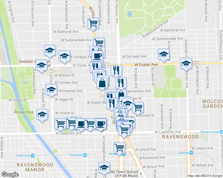 map of restaurants, bars, coffee shops, grocery stores, and more near 2423 West Winnemac Avenue in Chicago