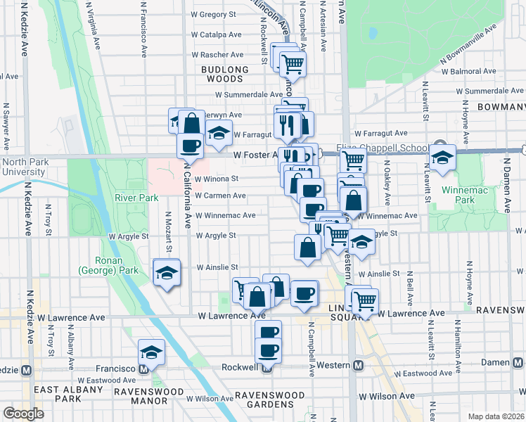 map of restaurants, bars, coffee shops, grocery stores, and more near 2611 West Winnemac Avenue in Chicago