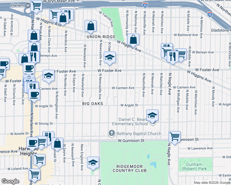map of restaurants, bars, coffee shops, grocery stores, and more near 5035 North Rutherford Avenue in Chicago