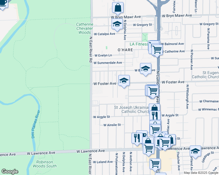 map of restaurants, bars, coffee shops, grocery stores, and more near 8701 West Foster Avenue in Chicago