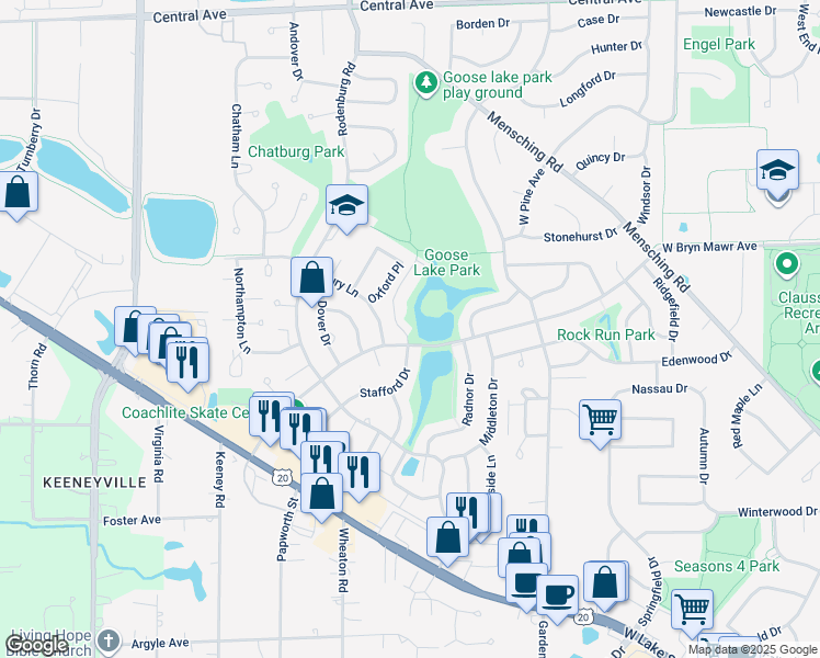 map of restaurants, bars, coffee shops, grocery stores, and more near 545 Waterbury Lane in Roselle