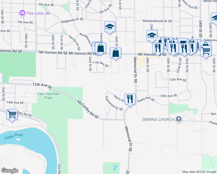 map of restaurants, bars, coffee shops, grocery stores, and more near 1228 Hertz Dr SE in Cedar Rapids