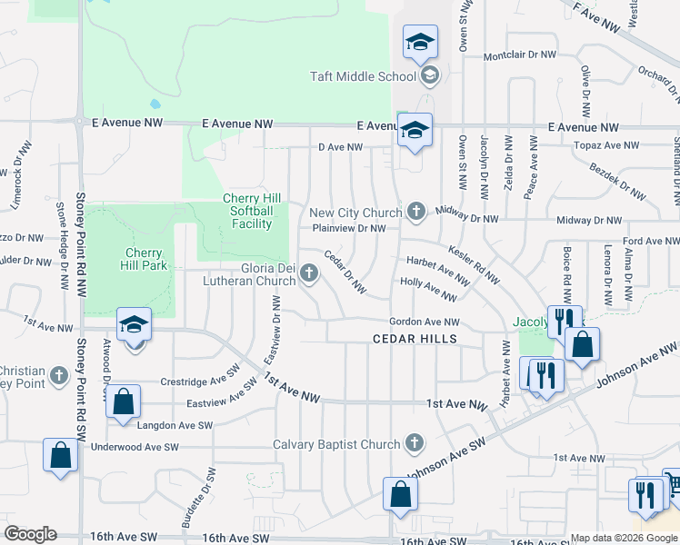 map of restaurants, bars, coffee shops, grocery stores, and more near 5530 Sharon Lane Northwest in Cedar Rapids