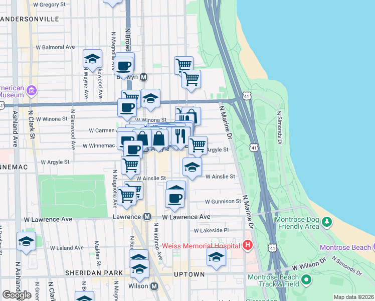 map of restaurants, bars, coffee shops, grocery stores, and more near N Sheridan Rd & W Argyle St in Chicago
