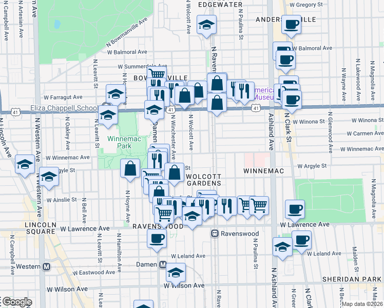 map of restaurants, bars, coffee shops, grocery stores, and more near N Wolcott Ave & W Winnemac Ave in Chicago
