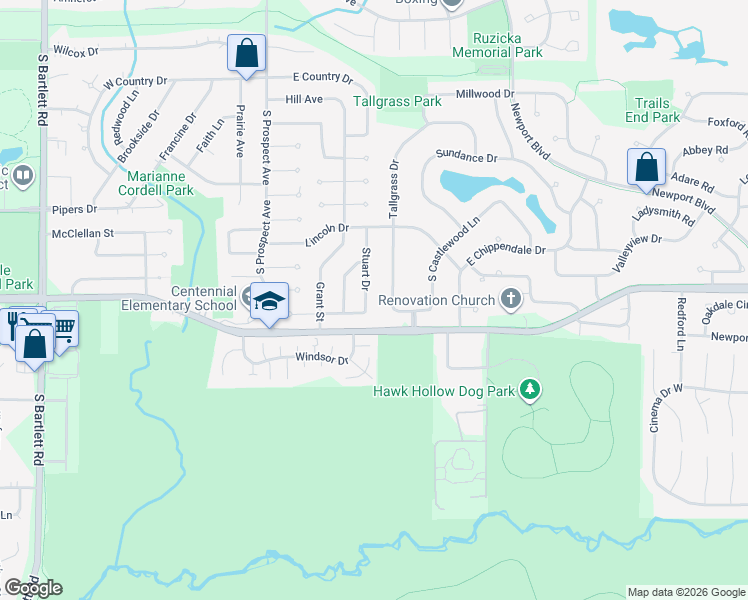 map of restaurants, bars, coffee shops, grocery stores, and more near 992 Stuart Drive in Bartlett