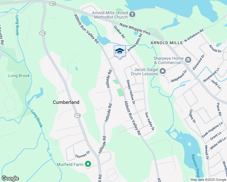 map of restaurants, bars, coffee shops, grocery stores, and more near 62 Hillside Road in Cumberland